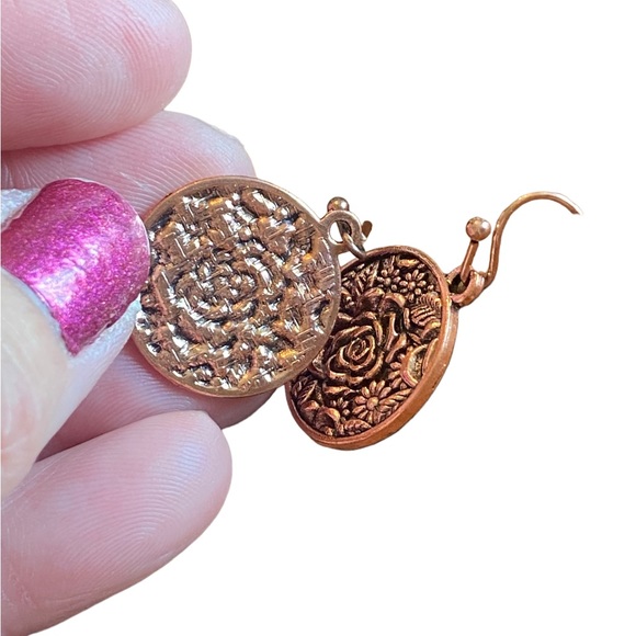 Champagne Rose Gold Rose Engraved Circle Drop Earrings - Picture 4 of 5